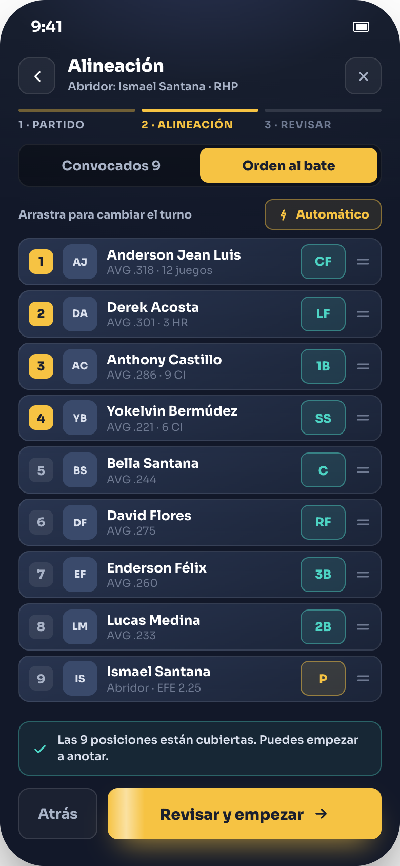 DStats · orden al bate y posiciones